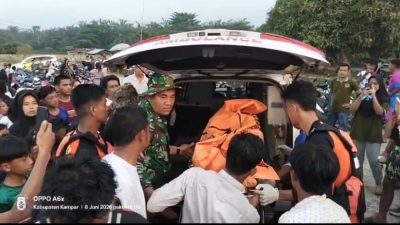 POLSEK KAMPAR HADIR DI TENGAH DUKA, KORBAN HANYUT DI SUNGAI KAMPAR DITEMUKAN PUKUL 18.08 WIB